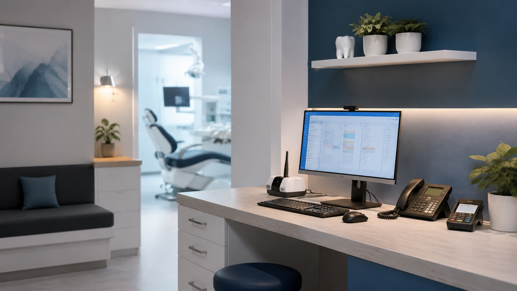 Praxis-IT Arbeitsplatz in moderner medizinischer Umgebung