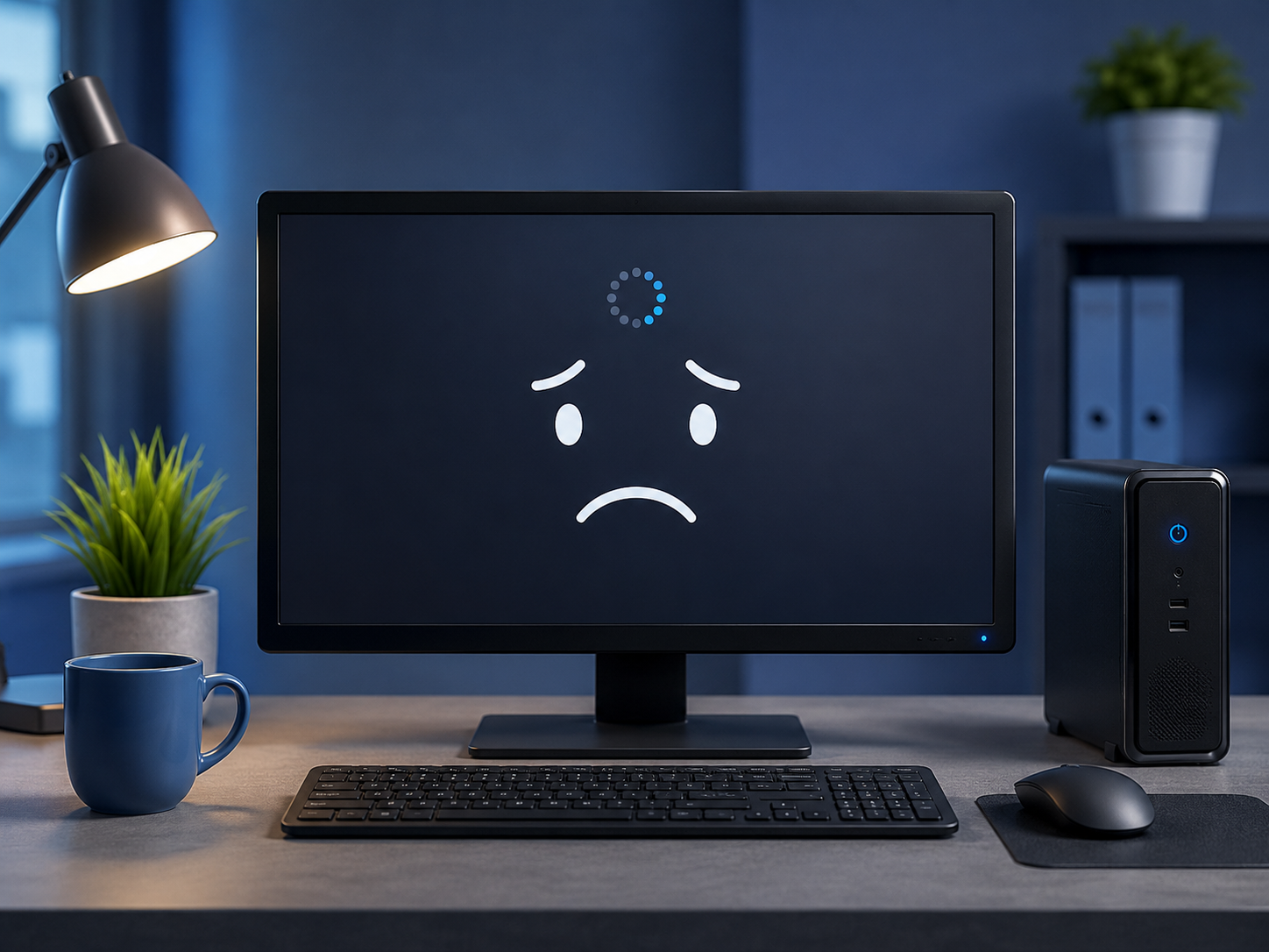 Kleines sympathisches Motiv mit abgestürztem PC für die Störungsmeldung